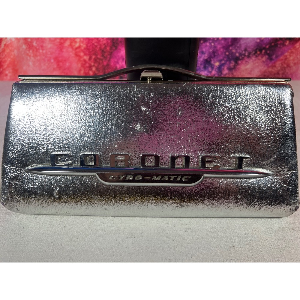 1940s Dodge Coronet Gyro-Matic Retro Car Emblem on Metallic 1950 Silver Clutch